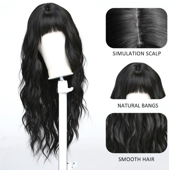 Long Curly Black wig Wigs with Bangs - Picture 3 of 6